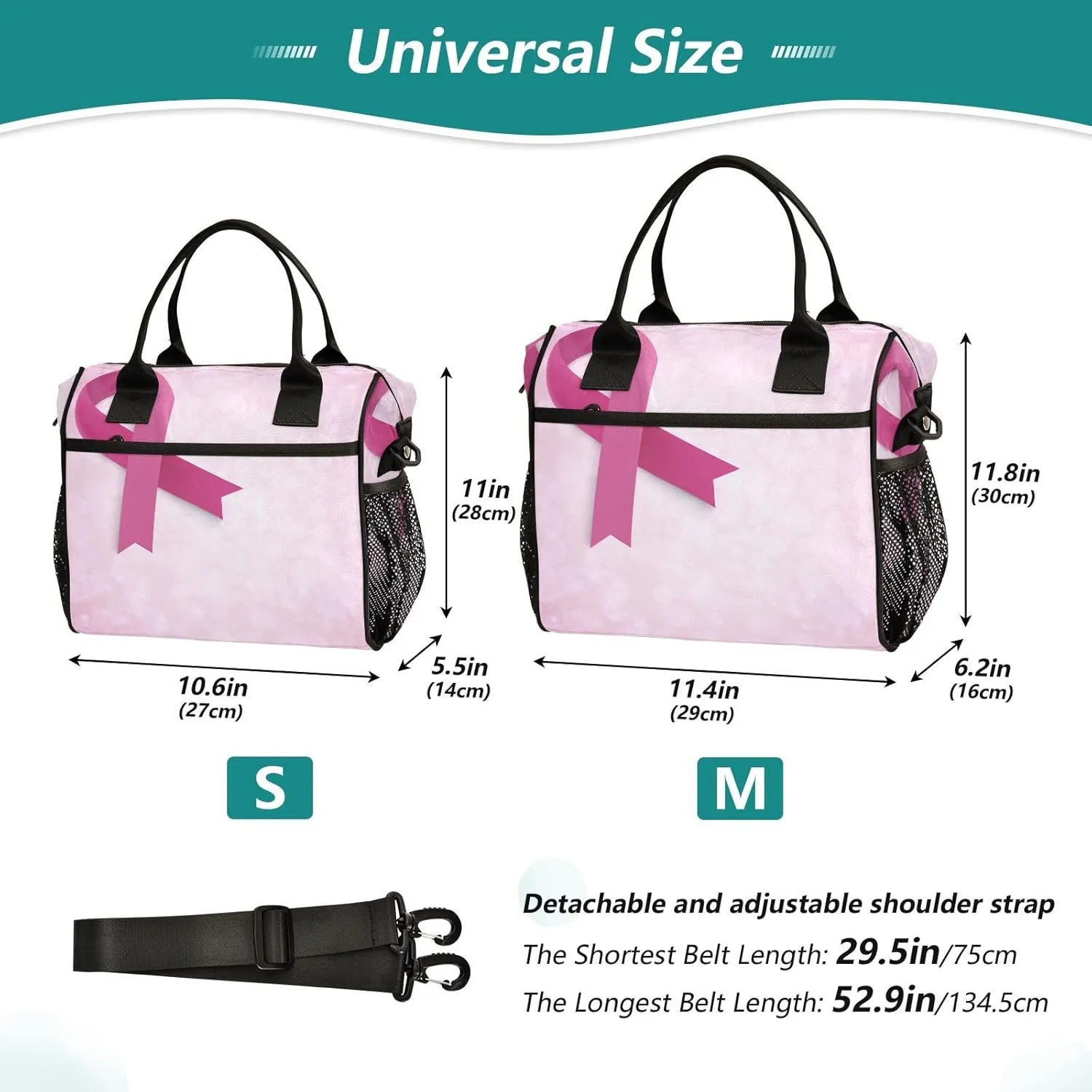 Breast Cancer Pink Ribbon Lunch Bag Reusable Lunch Box for Office Picnic Beach Hiking, Insulated Cooler Tote Food Container with Adjustable Shoulder Strap for Men Women Adults