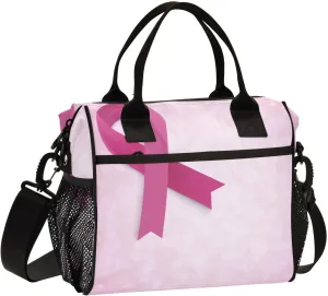 Breast Cancer Pink Ribbon Lunch Bag Reusable Lunch Box for Office Picnic Beach Hiking, Insulated Cooler Tote Food Container with Adjustable Shoulder Strap for Men Women Adults