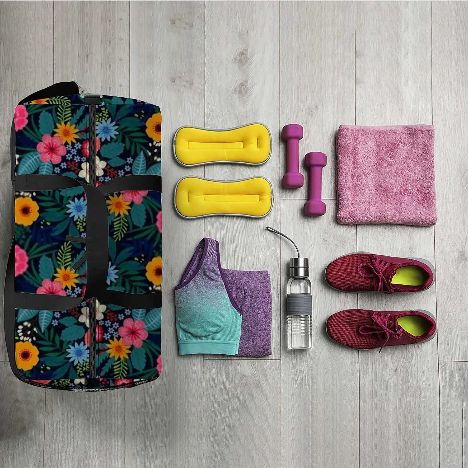 Bright Colorful Floral Leaves Sports Duffel Bag Travel Gym Tote Bags Lightweight Durable Shoulder Strap Waterproof Polyester Outside Mesh Pocket Overnight Trip Duffel Bag for Women Men
