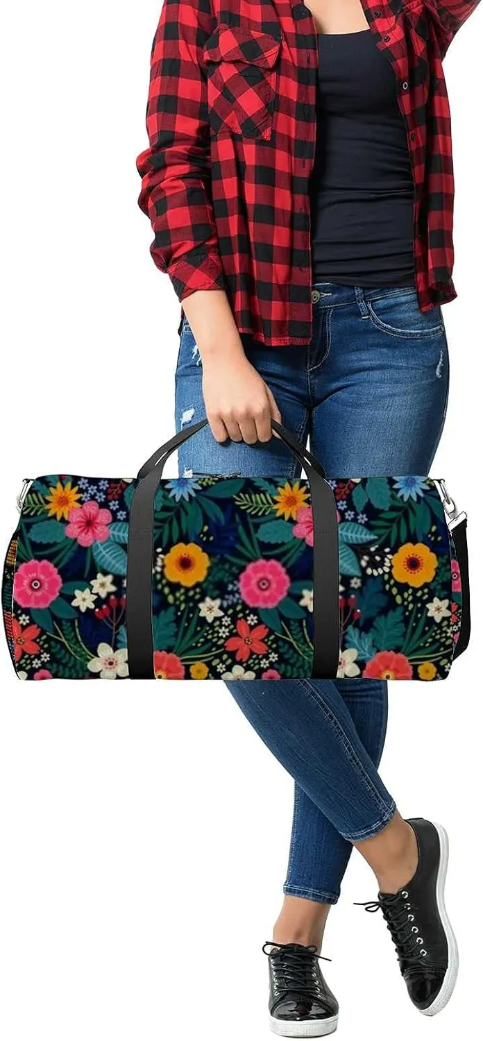 Bright Colorful Floral Leaves Sports Duffel Bag Travel Gym Tote Bags Lightweight Durable Shoulder Strap Waterproof Polyester Outside Mesh Pocket Overnight Trip Duffel Bag for Women Men
