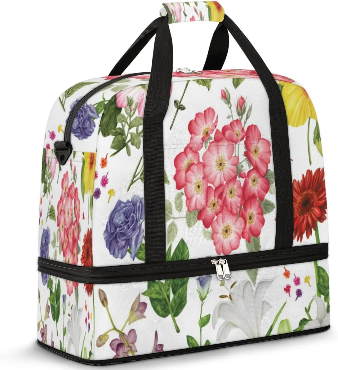 Brightly Colored Flowers Travel Duffle Bag Durable Weekender Bag with Shoes Compartment Lightweight Overnight Bag Sports Dance Gym Tote Bag for Women and Men Carry on Luggage