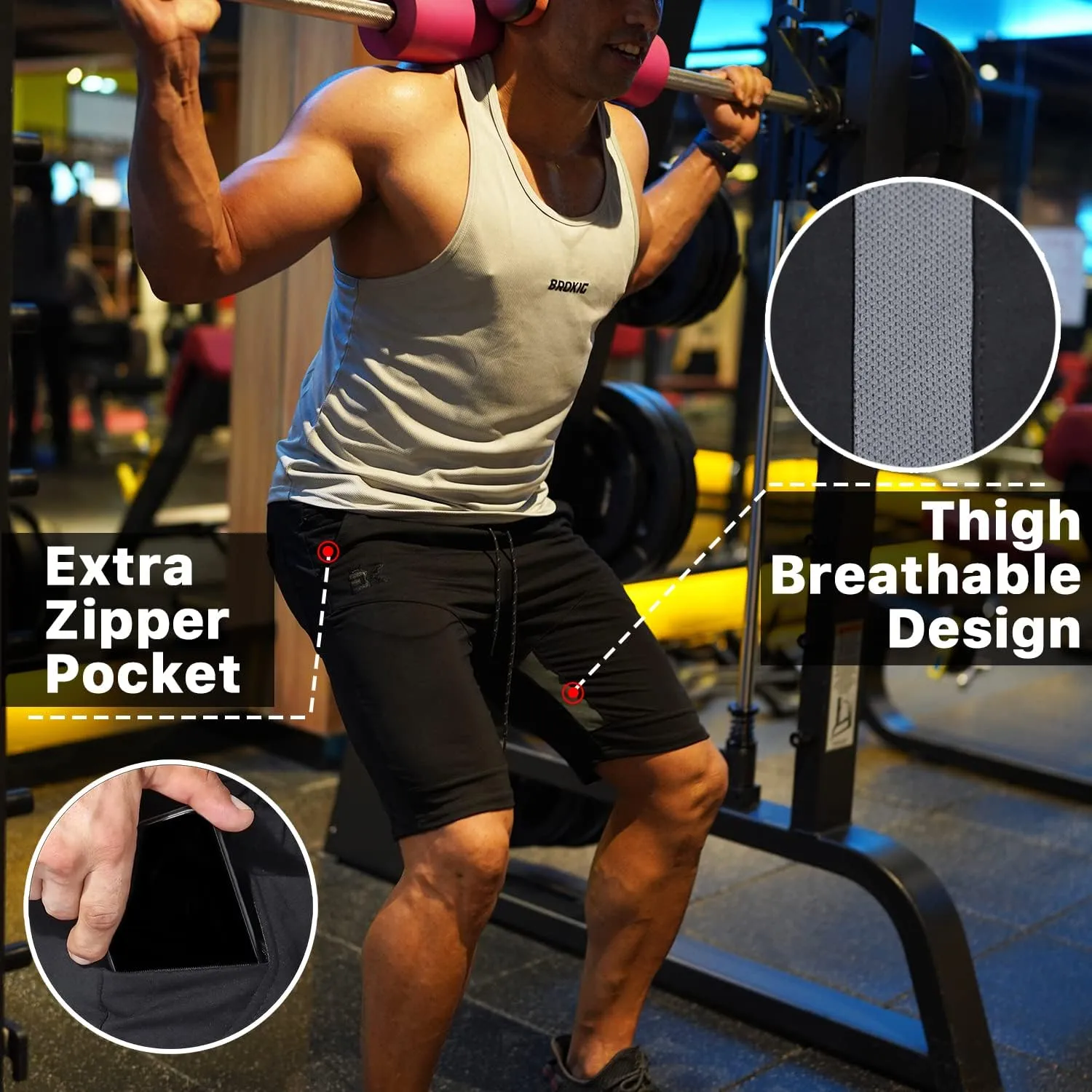 BROKIG Mens Thighs Mesh Gym Workout Shorts, Bodybuilding Slim Athletic Running Shorts for Men with Zipper Pockets