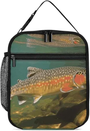 Brook Trout Fly Fishing Lunch Box Protable Insulated Lunch Tote Bag With Double Zipper And Hand Strap Leakproof Cooler Lunch Bags for Work Office Travel Picnic Men Women