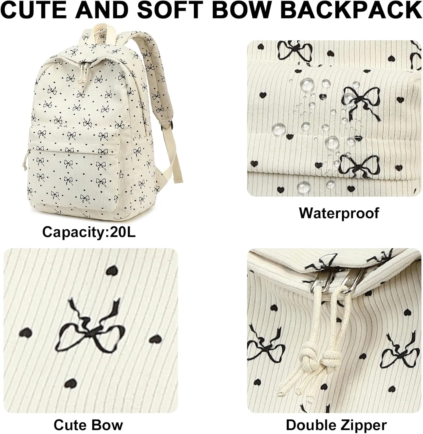 BTOOP School Backpack for Teens Large Corduroy Bookbag Lightweight Girls Boys Casual High School College 17 inch Laptop Travel Bag (Black-Bowknot-Heart)
