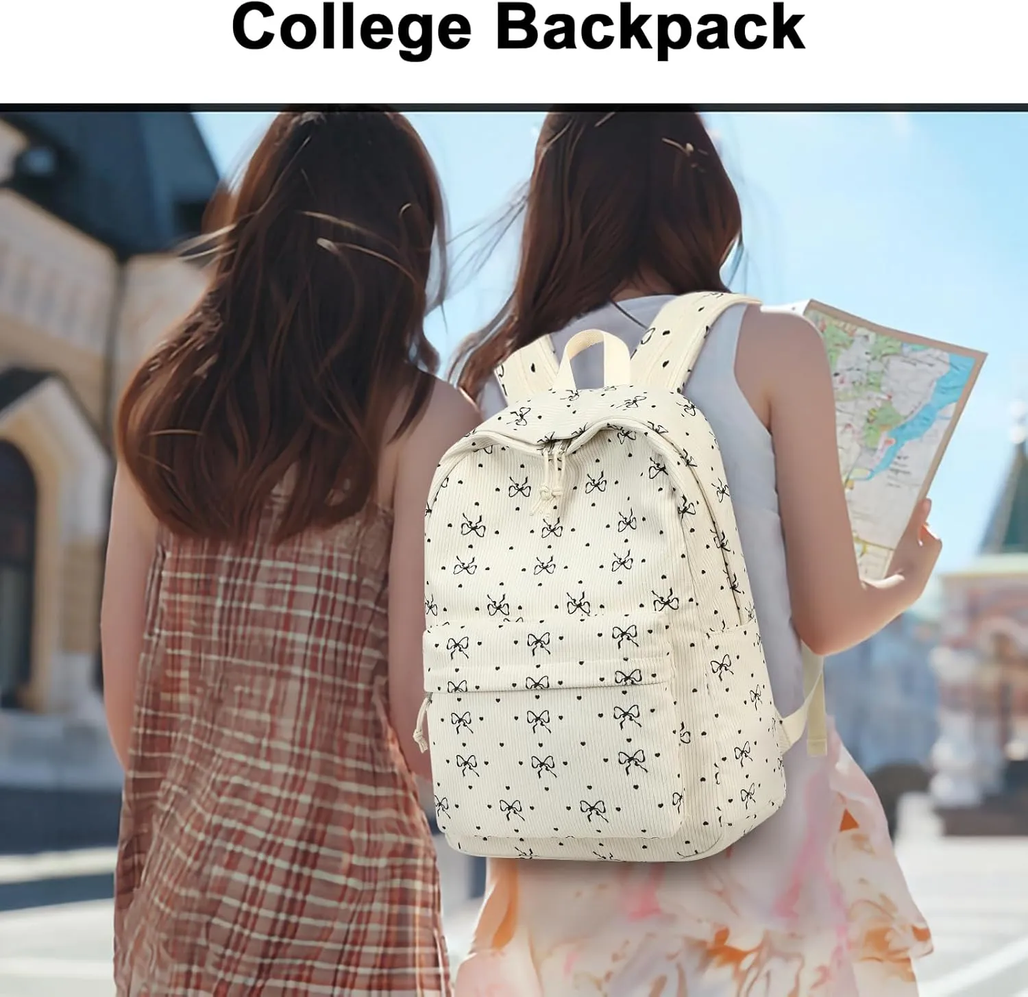 BTOOP School Backpack for Teens Large Corduroy Bookbag Lightweight Girls Boys Casual High School College 17 inch Laptop Travel Bag (Black-Bowknot-Heart)