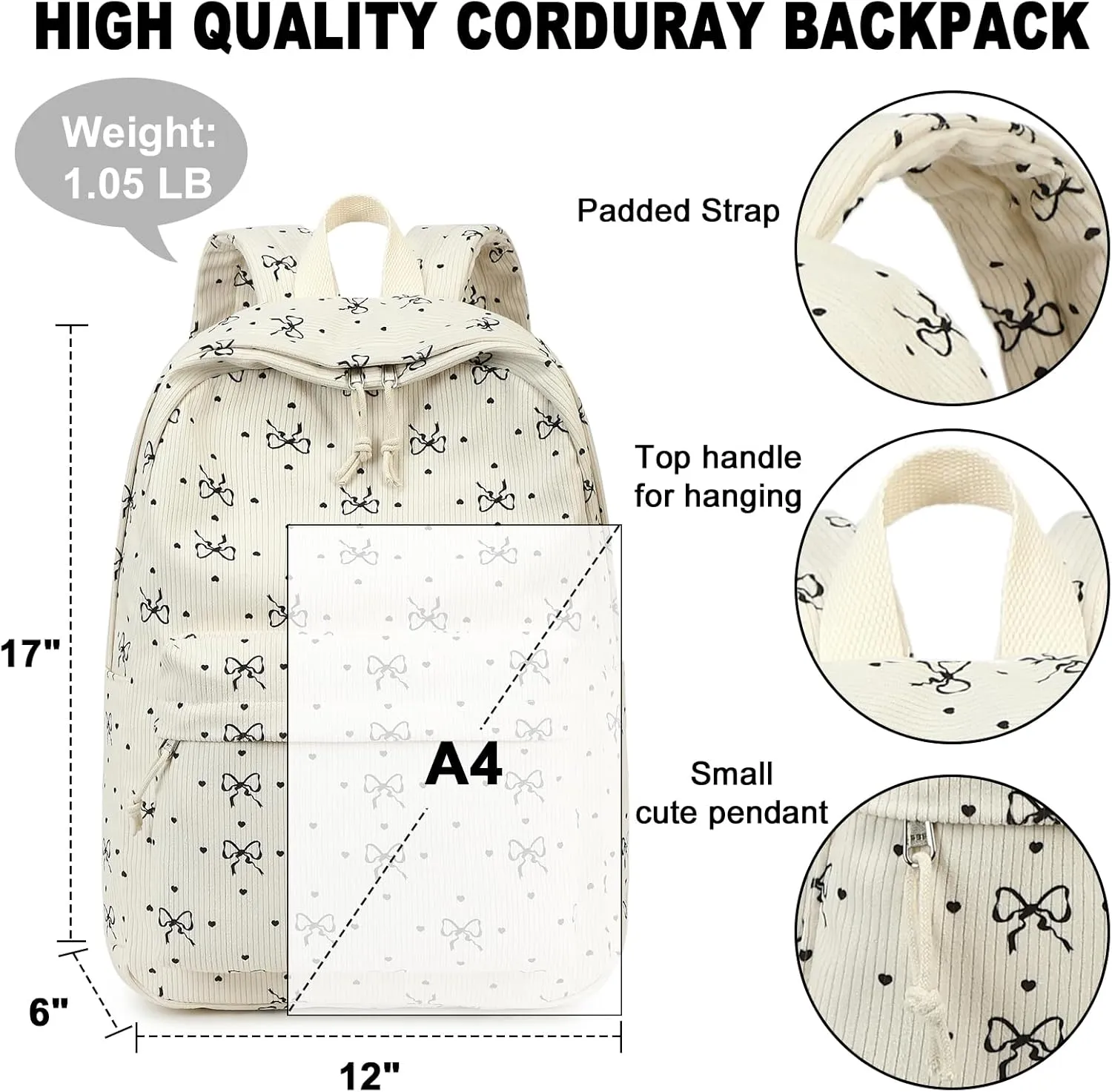 BTOOP School Backpack for Teens Large Corduroy Bookbag Lightweight Girls Boys Casual High School College 17 inch Laptop Travel Bag (Black-Bowknot-Heart)