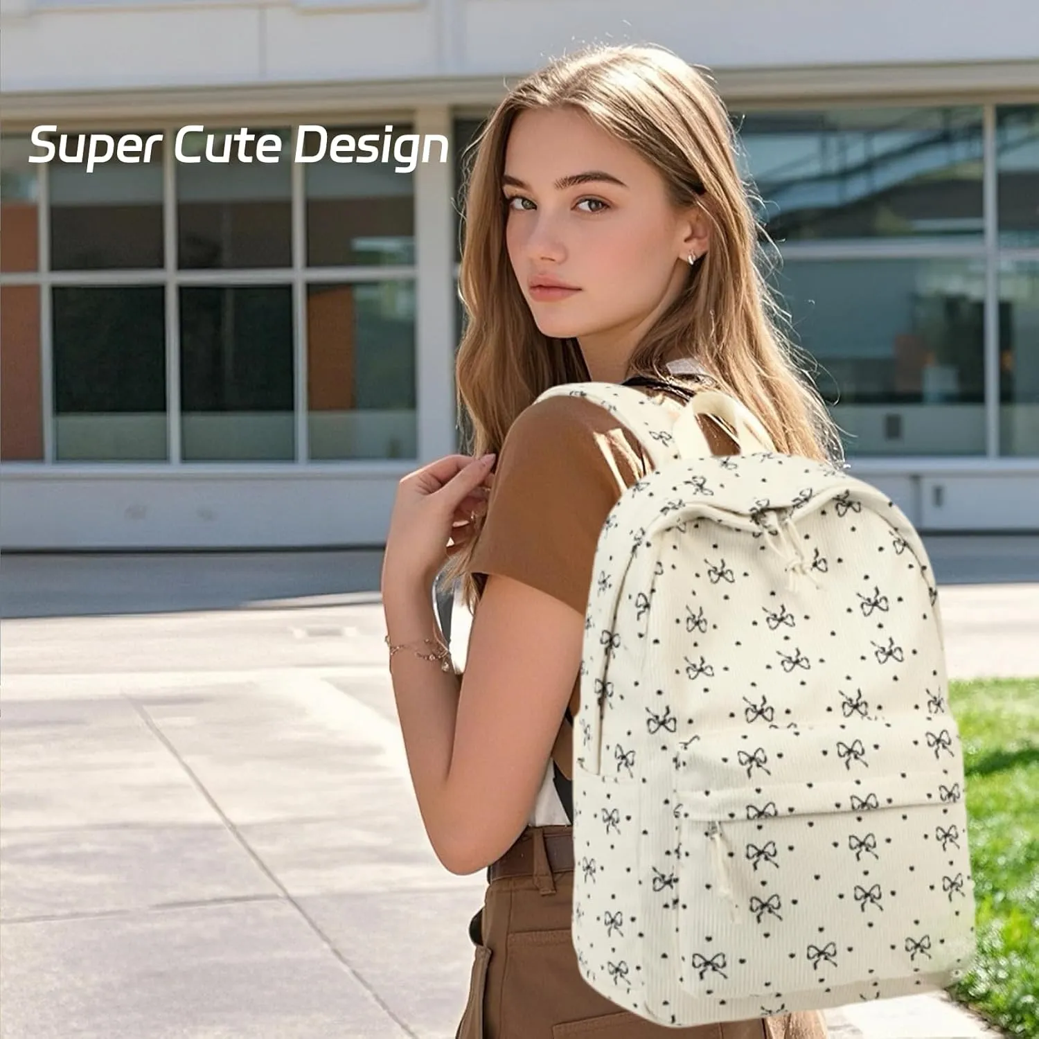 BTOOP School Backpack for Teens Large Corduroy Bookbag Lightweight Girls Boys Casual High School College 17 inch Laptop Travel Bag (Black-Bowknot-Heart)