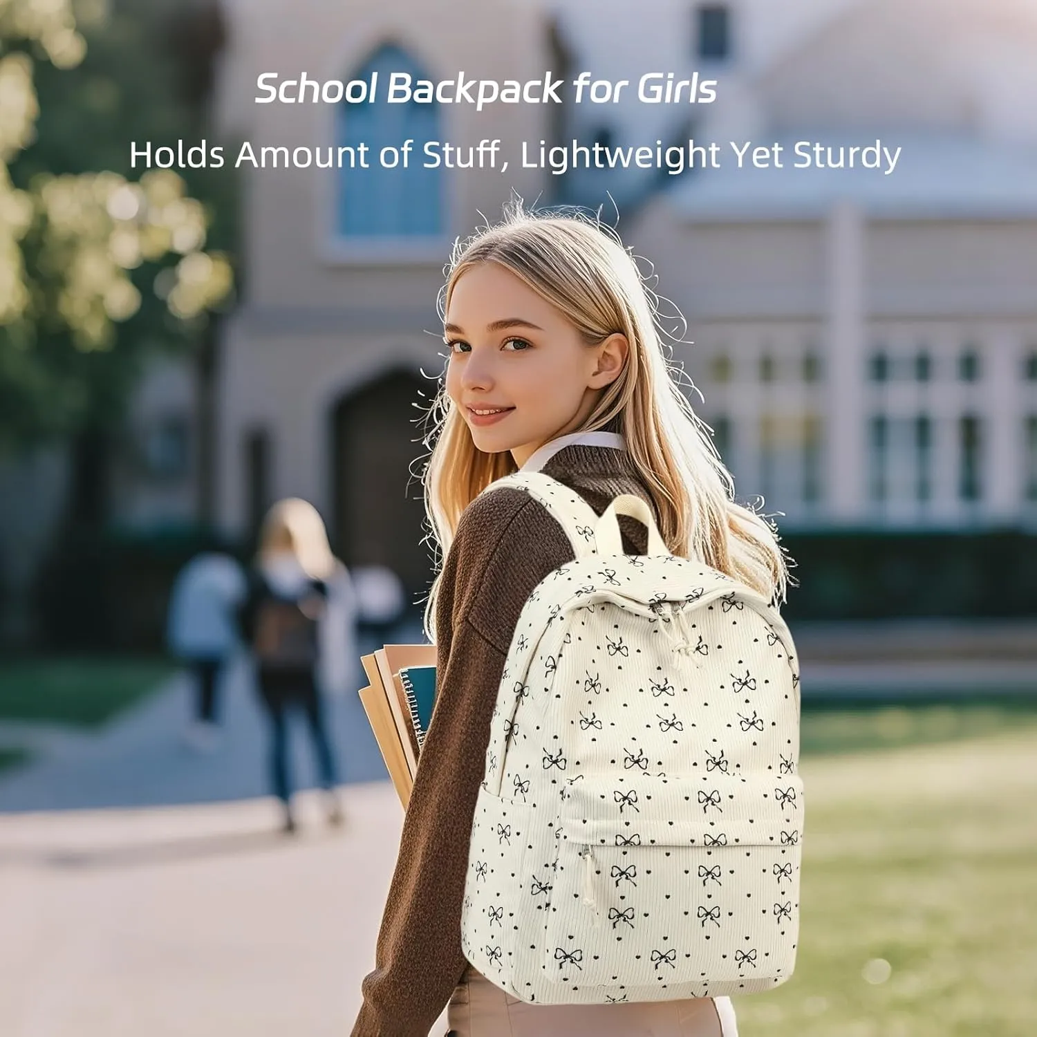 BTOOP School Backpack for Teens Large Corduroy Bookbag Lightweight Girls Boys Casual High School College 17 inch Laptop Travel Bag (Black-Bowknot-Heart)