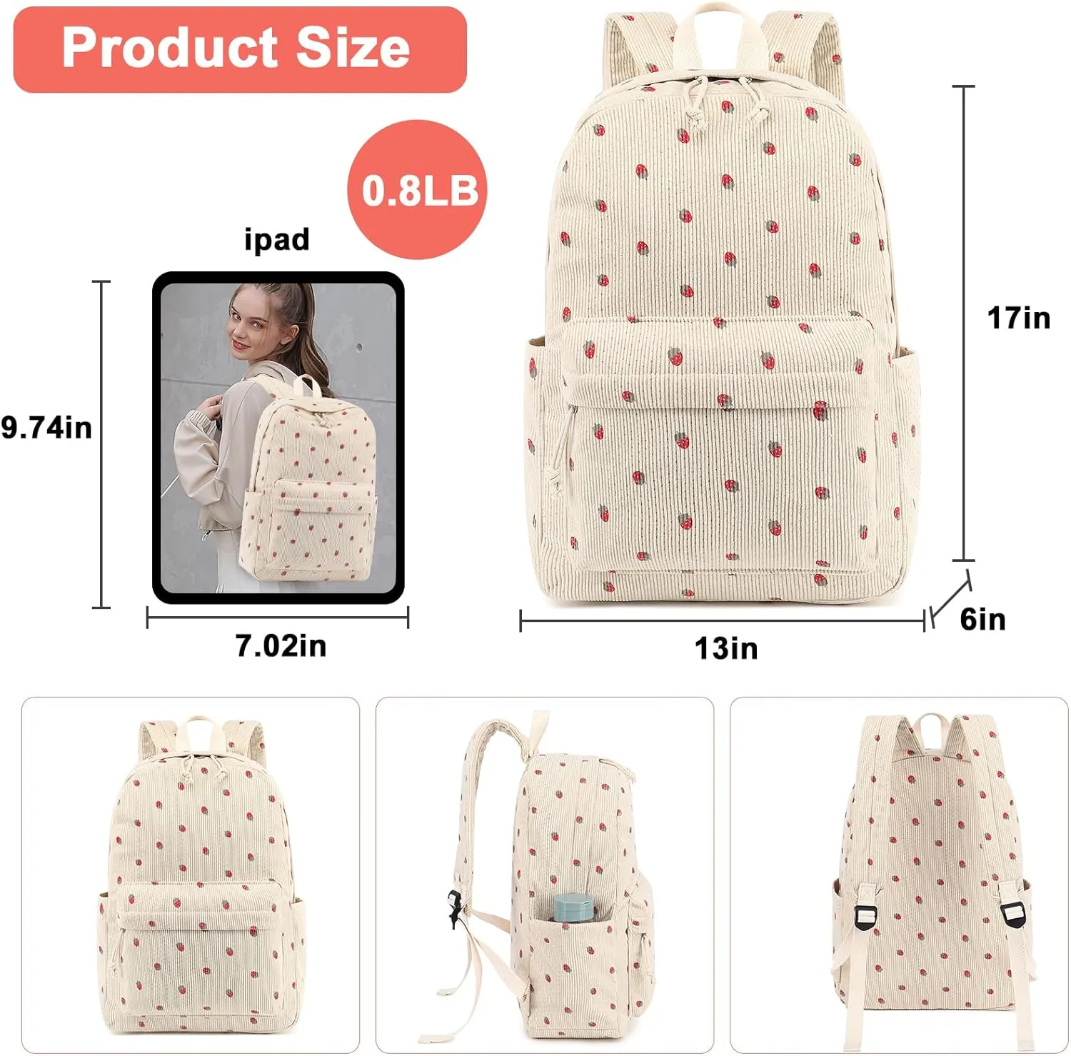 BTOOP School Backpack for Teens Large Corduroy Bookbag Lightweight Girls Boys Casual High School College 17 inch Laptop Travel Bag