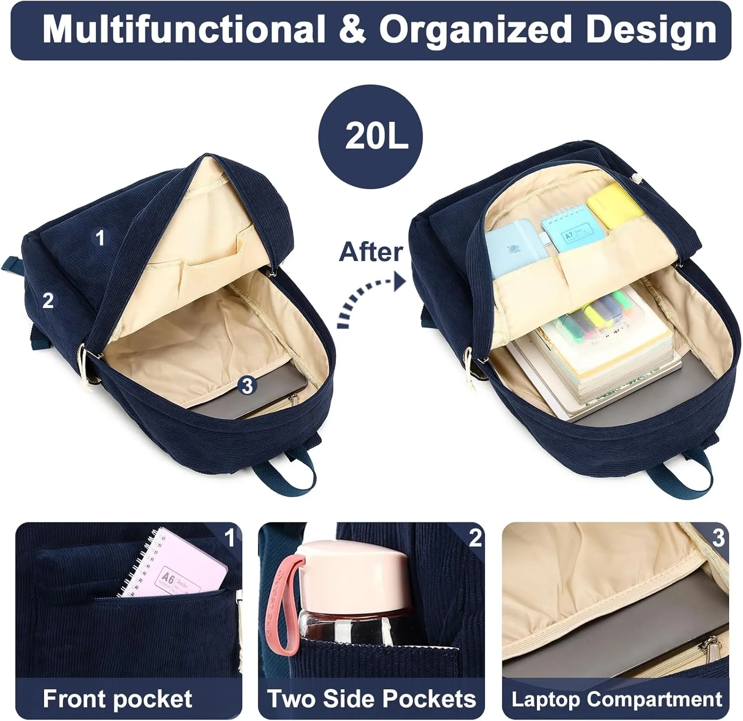 BTOOP School Backpack for Teens Large Corduroy Bookbag Lightweight Girls Boys Casual High School College 17 inch Laptop Travel Bag