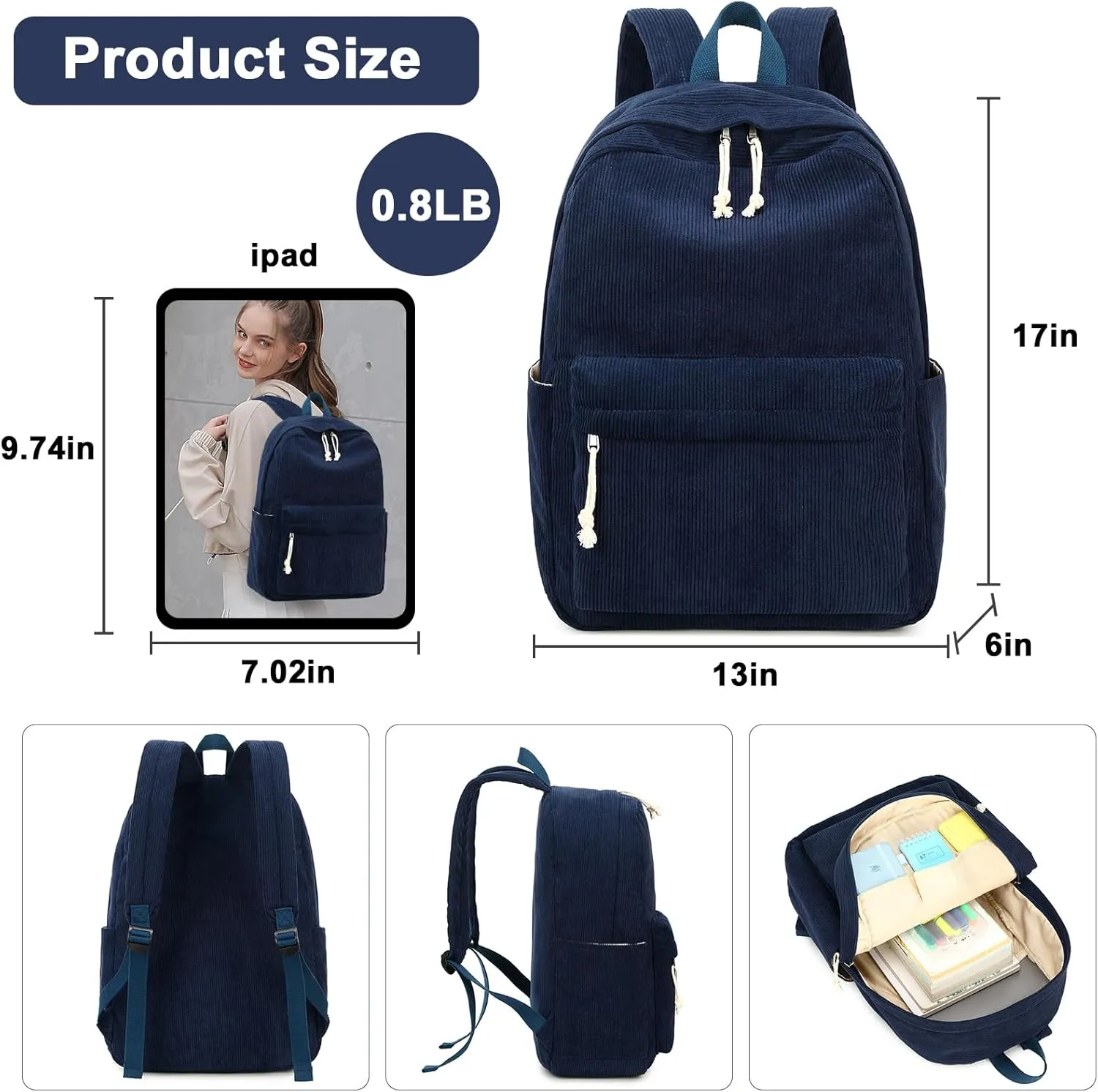 BTOOP School Backpack for Teens Large Corduroy Bookbag Lightweight Girls Boys Casual High School College 17 inch Laptop Travel Bag
