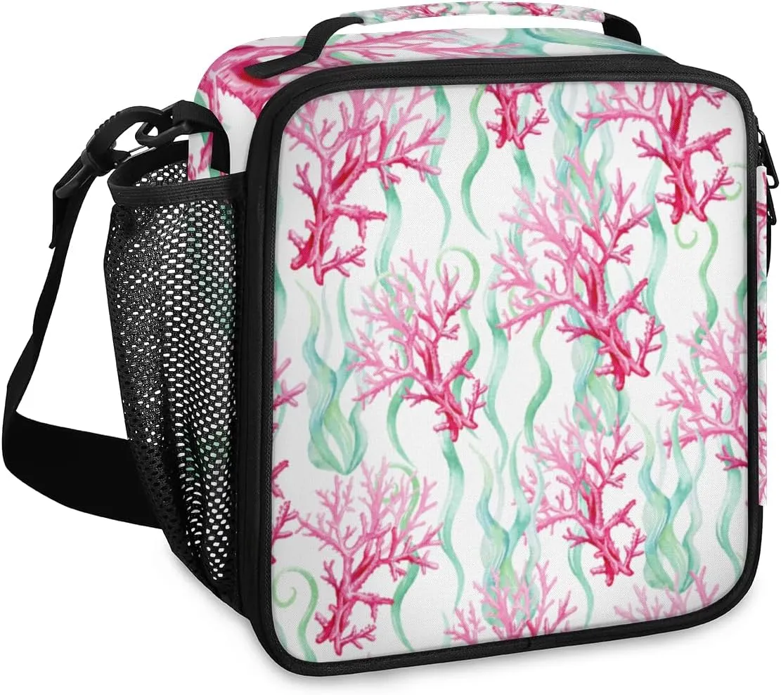 Budxapjw Red Corals Insulated Lunch Bag with Shoulder Strap Seaweed Reusable Cooler Square Tote Lunch Bag for Women Men Office Work Travel Picnic Camping