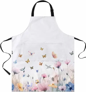 Bufferfly Waterproof Apron With Pockets,Country Colorful Botanical Flower Animal Birds Kitchen Chefs Bib Cooking BBQ Grill Bake Adjustable Aprons for Women/Kids Home Garden Grooming Painting Gardening