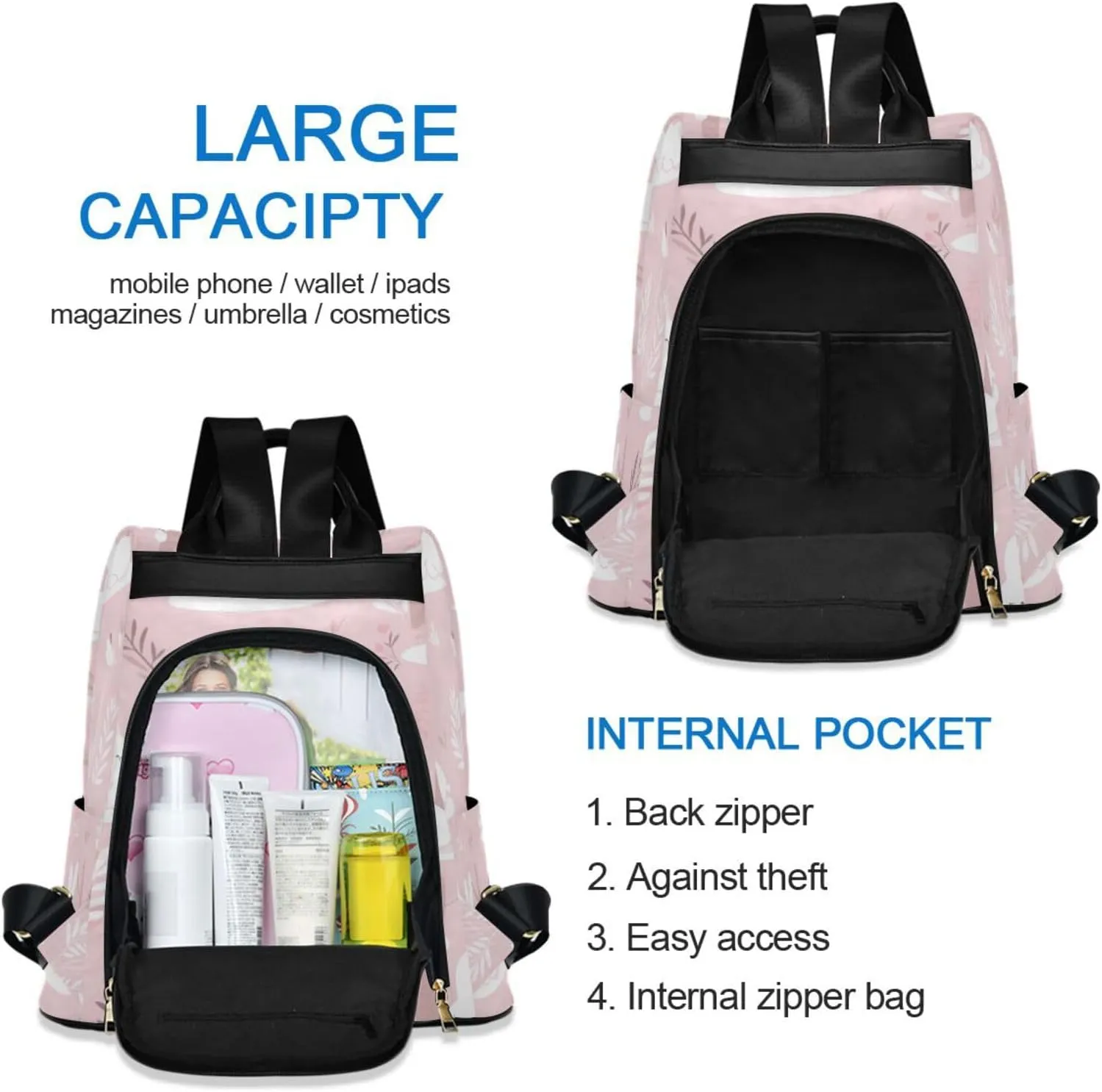 Bunny Print Mom Backpack - 17L Cute Diaper Bag with Insulated Bottle Pocket & Easy-Clean Fabric (13.4" Wide Opening)   Free Keychain