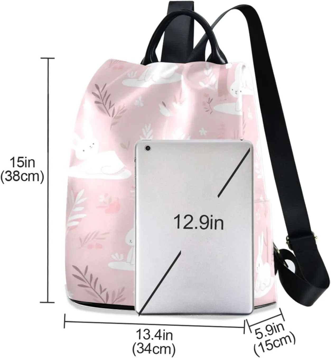 Bunny Print Mom Backpack - 17L Cute Diaper Bag with Insulated Bottle Pocket & Easy-Clean Fabric (13.4" Wide Opening)   Free Keychain