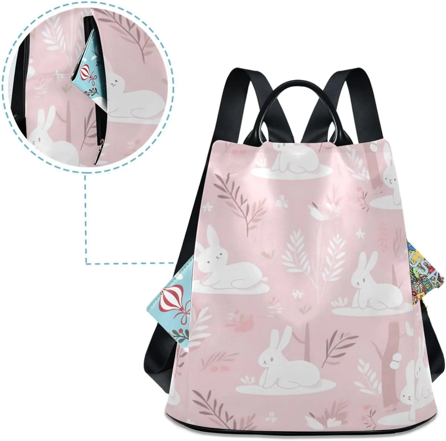 Bunny Print Mom Backpack - 17L Cute Diaper Bag with Insulated Bottle Pocket & Easy-Clean Fabric (13.4" Wide Opening)   Free Keychain