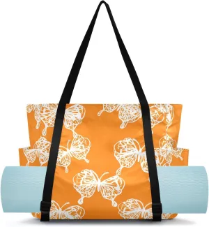 Butterflies Minimalist Orange Yoga Mat Bag for Women Water-Resistant Gym Bag with Yoga Mat Holder Tote Bag for Gym Travel Office Pilates