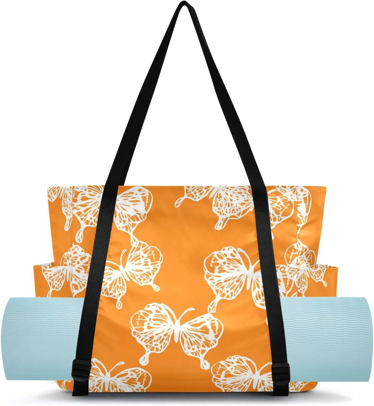 Butterflies Minimalist Orange Yoga Mat Bag for Women Water-Resistant Gym Bag with Yoga Mat Holder Tote Bag for Gym Travel Office Pilates