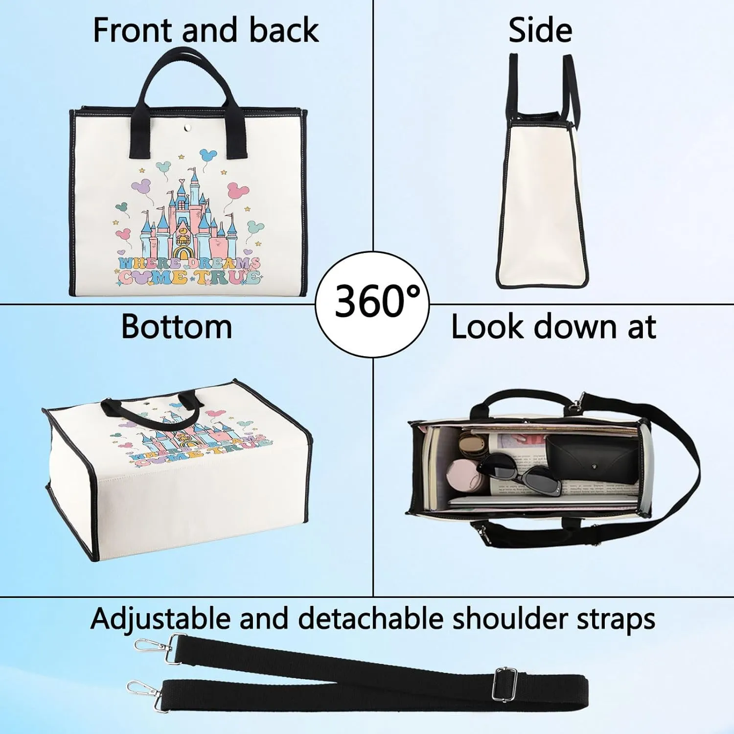 BWWKTOP Enchanted Kingdom Tote BagFantasy Land Inspired Gifts Where Dreams Come True Shoulder Bag Fairy Tale Vacation Merch