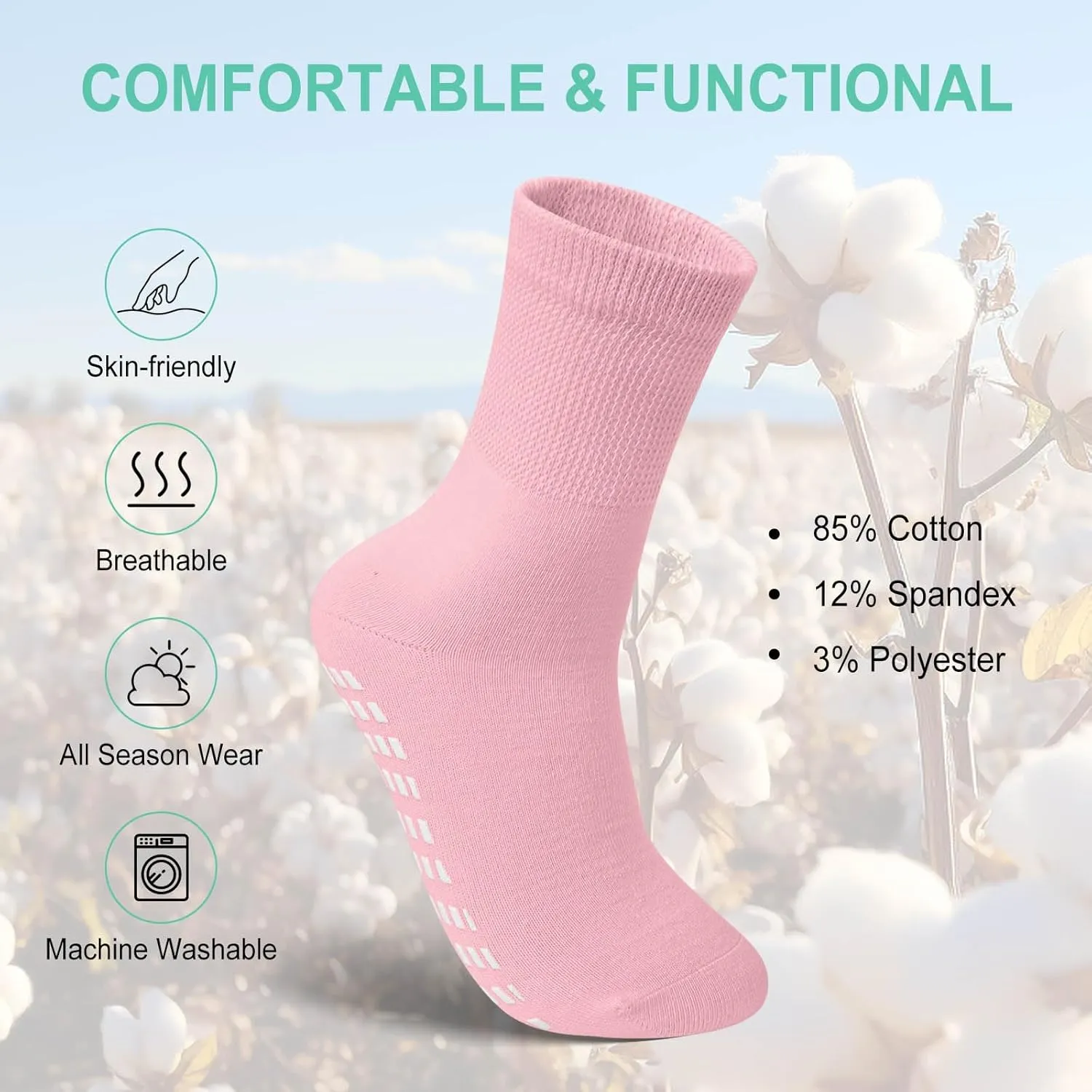 CaiDieNu Non Slip Socks for Women: Non Skid Crew Grip Socks with Grippers for Elderly Hospital Pilates Yoga Grippy 5 Pairs
