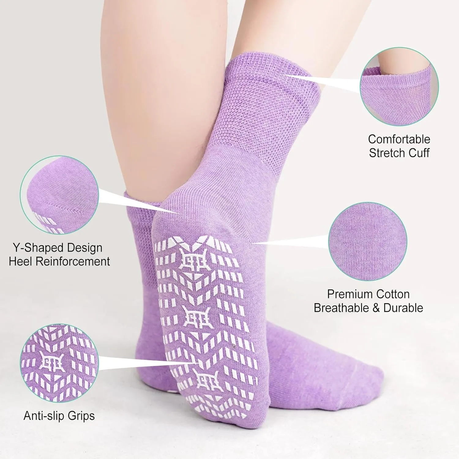 CaiDieNu Non Slip Socks for Women: Non Skid Crew Grip Socks with Grippers for Elderly Hospital Pilates Yoga Grippy 5 Pairs