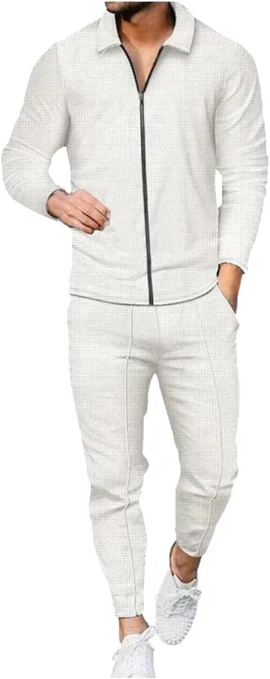 Cambkatl Men's Waffle Knit Tracksuits Lapel Collar Full Zip Up Long Sleeve Jacket 2 Piece Casual Athletic Jogging Outfits