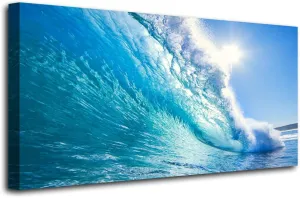 Canvas Prints Wall Art Blue Ocean Wave Surfing Sea Picture Paintings on Canvas Modern Canvas Art For Home Room Office Wall Decorations 28x57inches