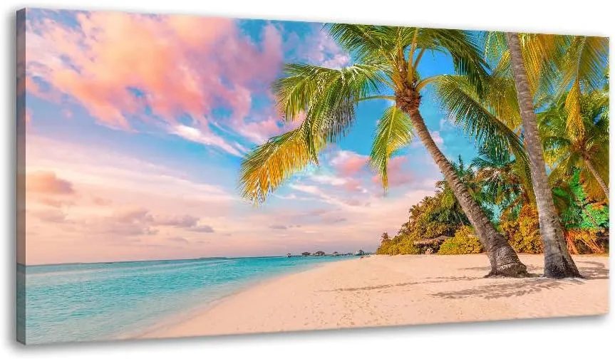 Canvas Wall Art for Bedroom Tropical Palm Tree Wall Art Summer Canvas Ocean Waves Coconut Trees Beach Sunrise Seascape Scenery Painting Nature Picture for Living Room Bathroom Home Office Wall Decor