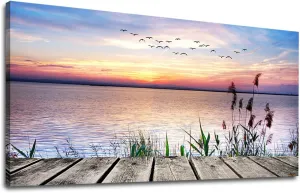 Canvas Wall Art Lake Dock Sunset Scenery Flying Birds Picture Large Beach Sunset Landscape Canvas Artwork Contemporary Nature Pictures for Living Room Bedroom Home Office Kitchen Wall Decor 20" x 40"