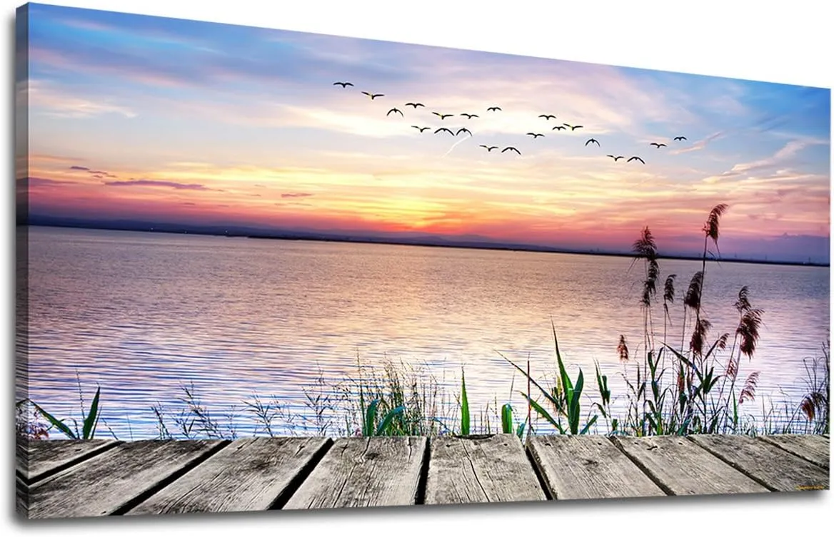 Canvas Wall Art Lake Dock Sunset Scenery Flying Birds Picture Large Beach Sunset Landscape Canvas Artwork Contemporary Nature Pictures for Living Room Bedroom Home Office Kitchen Wall Decor 20" x 40"