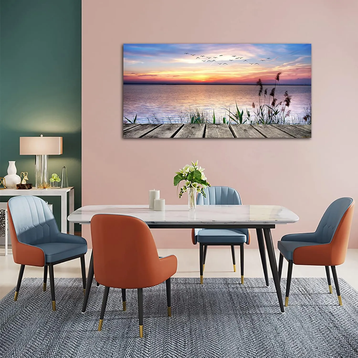 Canvas Wall Art Lake Dock Sunset Scenery Flying Birds Picture Large Beach Sunset Landscape Canvas Artwork Contemporary Nature Pictures for Living Room Bedroom Home Office Kitchen Wall Decor 20" x 40"