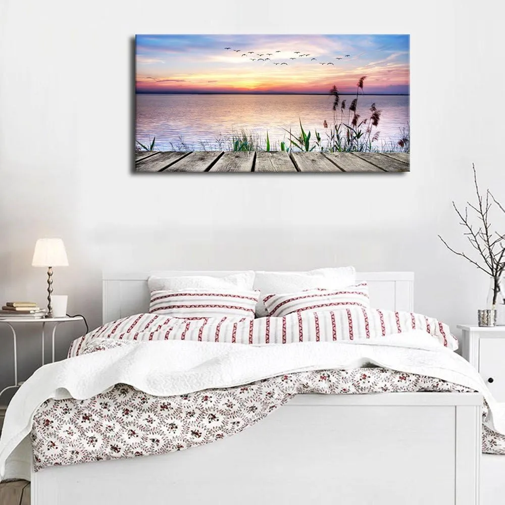 Canvas Wall Art Lake Dock Sunset Scenery Flying Birds Picture Large Beach Sunset Landscape Canvas Artwork Contemporary Nature Pictures for Living Room Bedroom Home Office Kitchen Wall Decor 20" x 40"