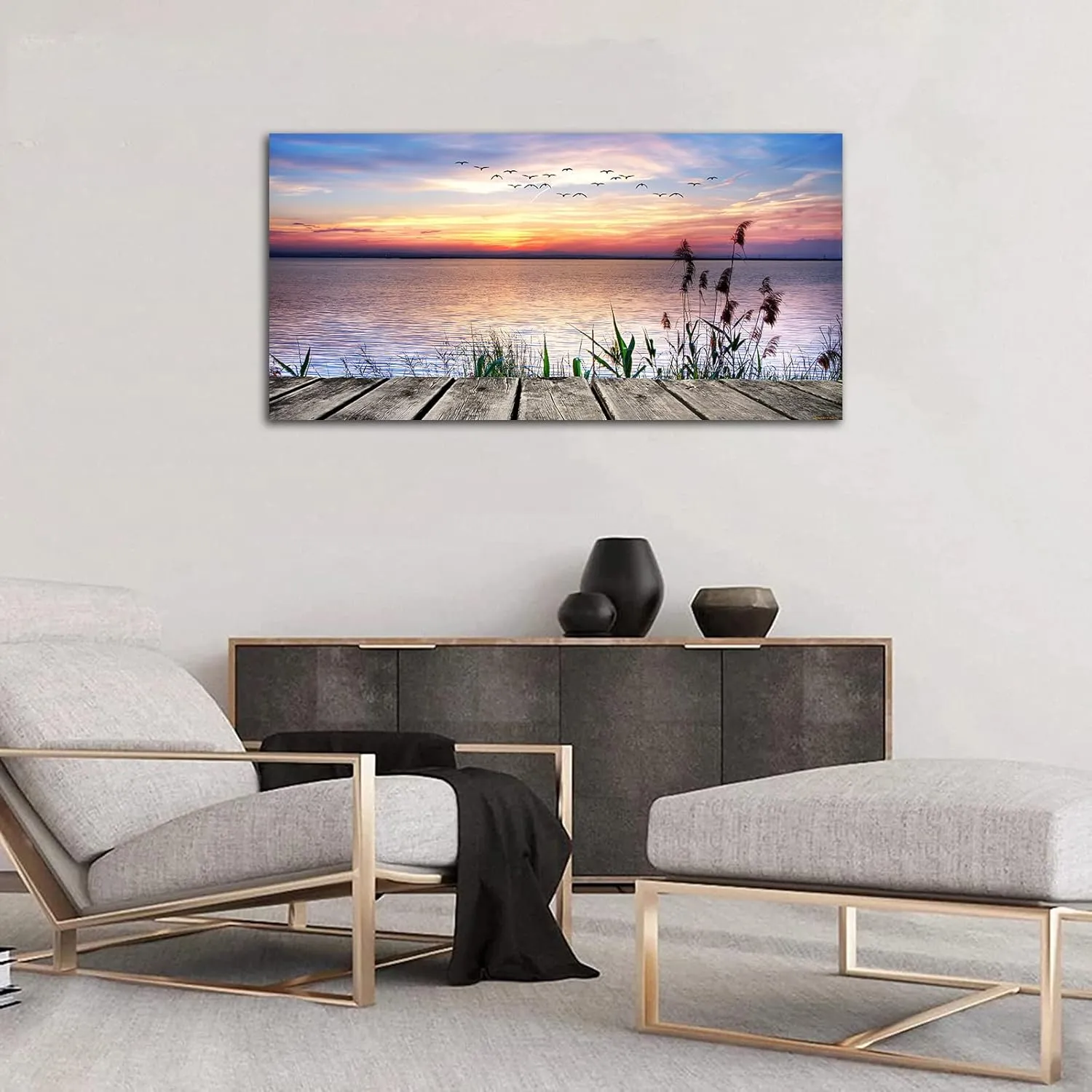 Canvas Wall Art Lake Dock Sunset Scenery Flying Birds Picture Large Beach Sunset Landscape Canvas Artwork Contemporary Nature Pictures for Living Room Bedroom Home Office Kitchen Wall Decor 20" x 40"