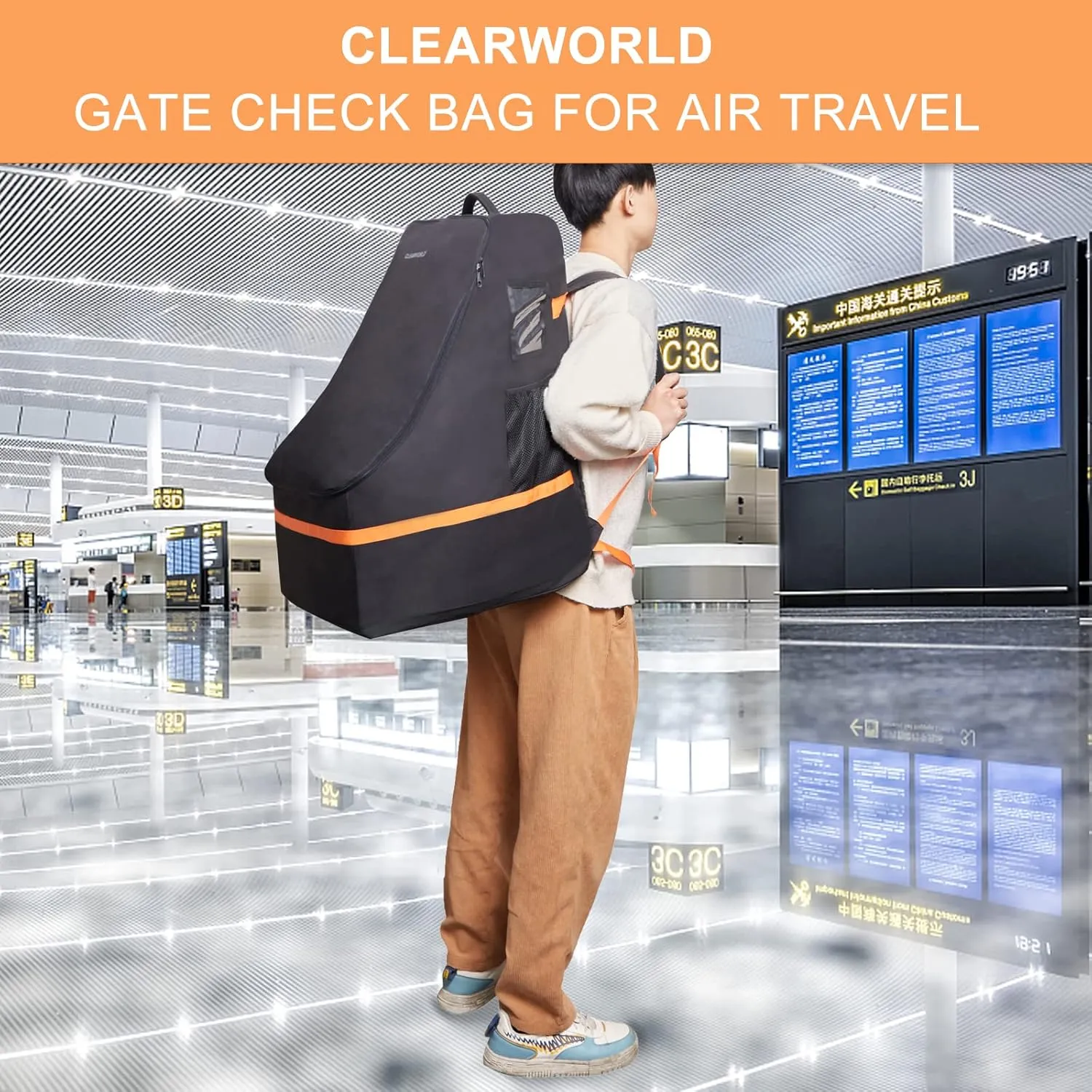 Car Seat Travel Bag for Airplane, Clearworld Large Car Seat Backpack, Carseat Cover Bag,Airport Gate Check Bag with Padded and Adjustable Shoulder Strap, Fits Car Seats, Infant Carriers &Booster,Black