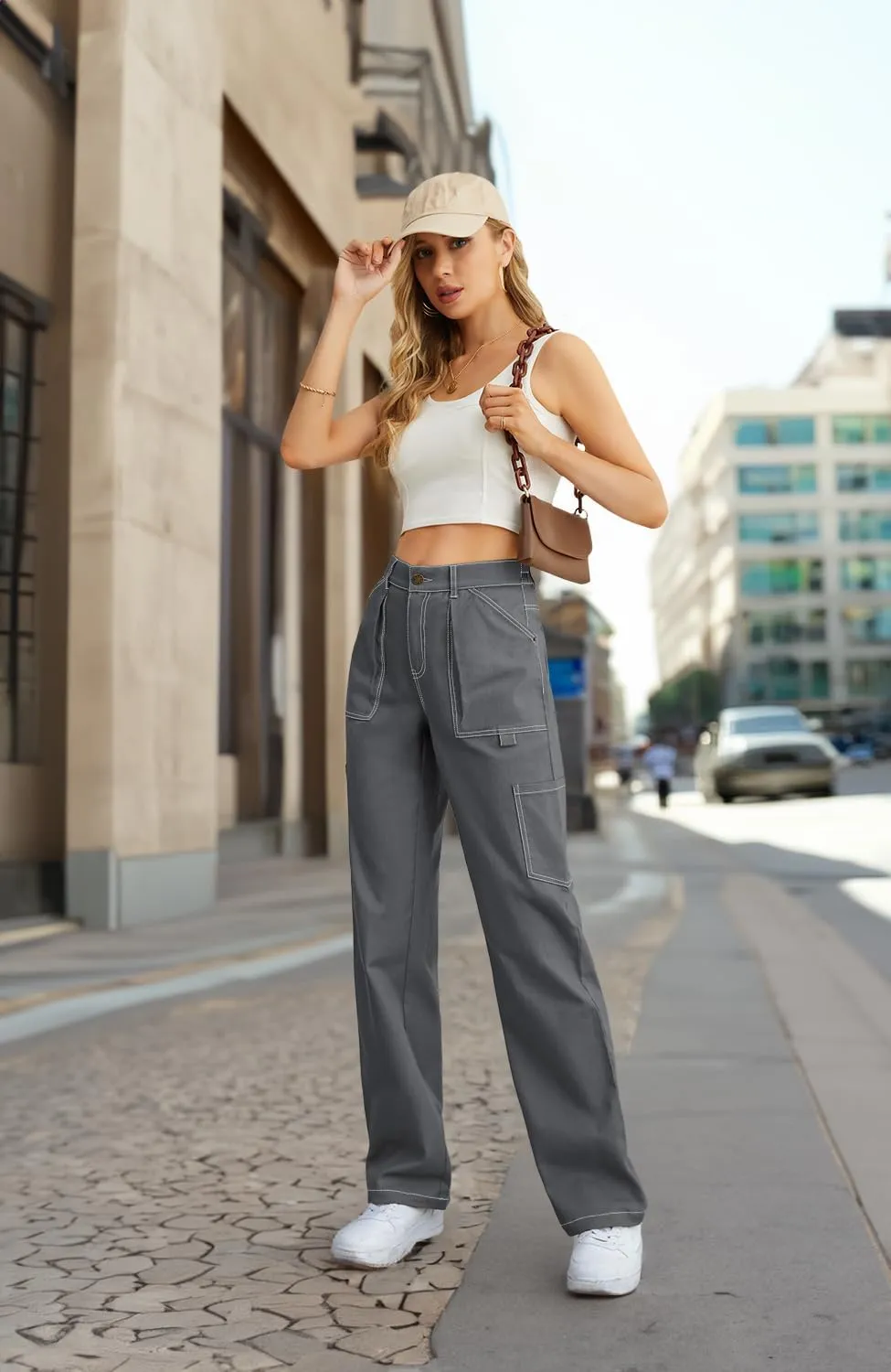 Cargo Pants Women High Waisted Wide Leg Casual Pants Baggy Stretchy Trousers Y2K Streetwear with 6 Pockets