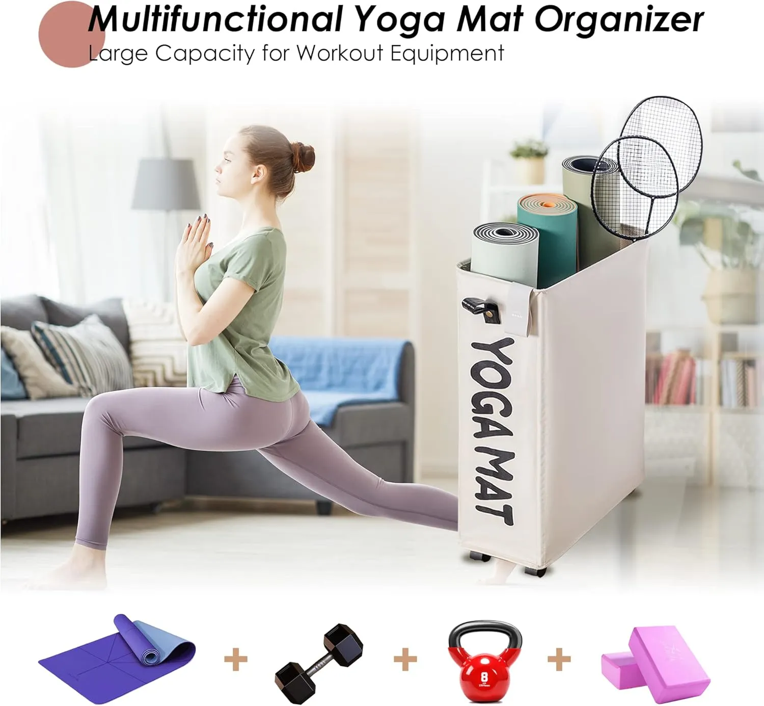 Caroeas Yoga Mat Storage Rack, Yoga Mat Holder Accessories, Home Gym Equipment Storage Yoga Mats, Women Men Workout Equipment Organization with Wheels