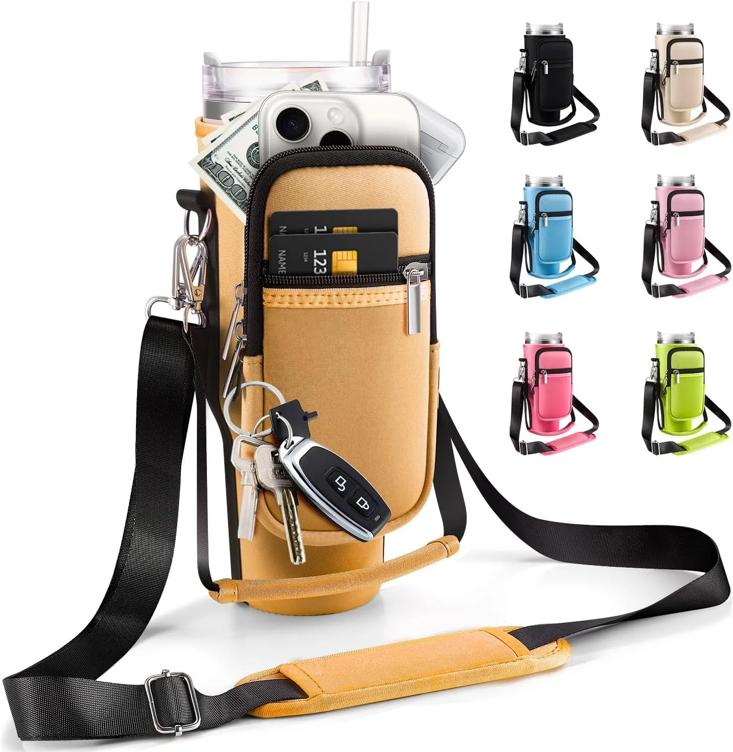 Carrier Bag with Phone Pocket for Stanley 40 oz Tumbler with Handle & Simple Modern 40oz Tumbler - Water Bottle Sling Sleeve Holder for Stanley Cup Accessories with Adjustable Shoulder & Hand Strap