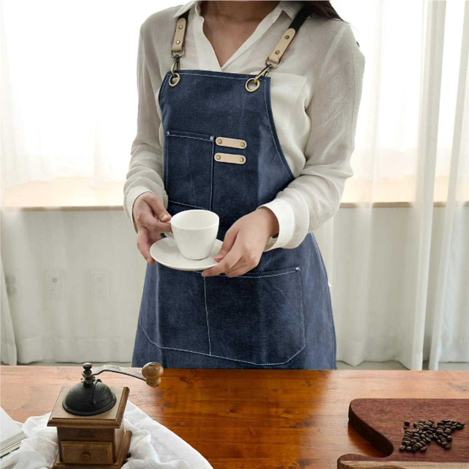 carrotez Chef Apron, Waterdrop Resistant Cotton Canvas Cross Back Adjustable Apron, M-XXL (Navy Blue)