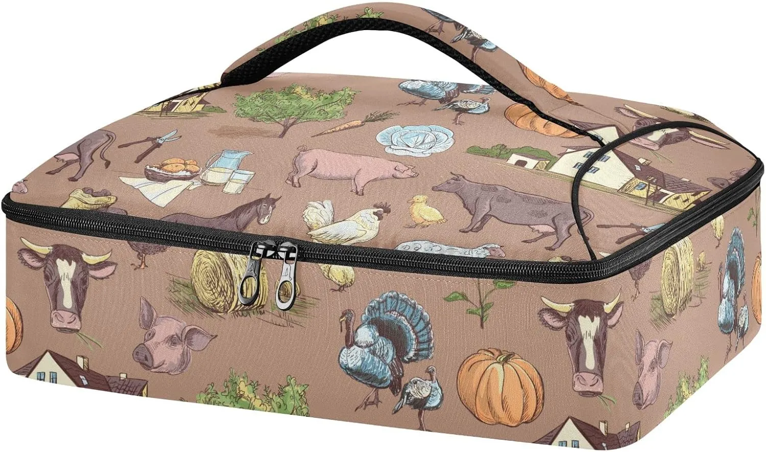 Casserole Carrier Insulated Farm Cow Chicken Rooster Horse Dish 9x13 with Lid Party Travel Warmer Bag for Hot or Cold Food Lasagna Pizza Holder Tote
