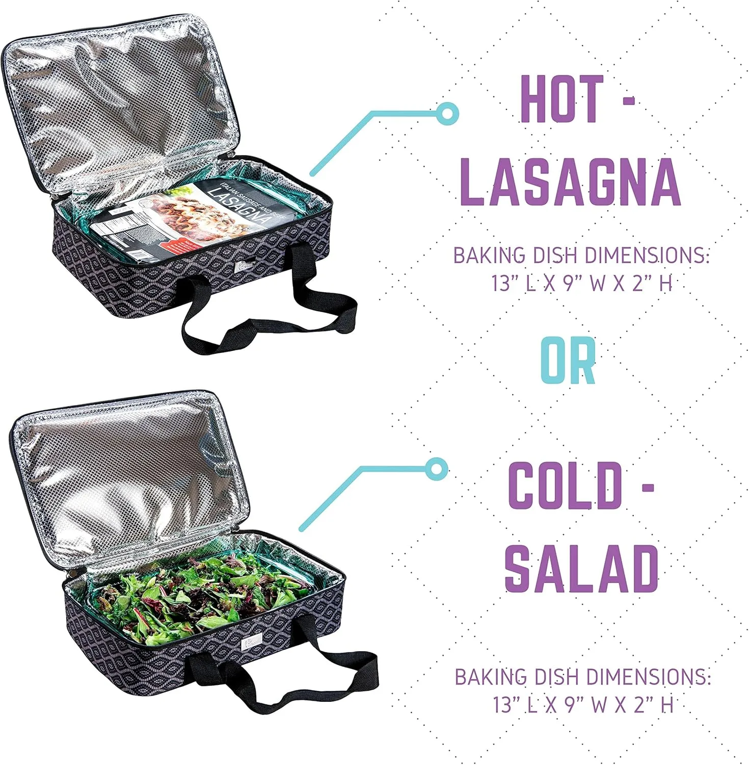 Casserole Carrier - Single Layer Insulated Bags for Food Transport of Lasagna, Salad & Dessert for Potluck, Family and Holiday Parties (Black Trellis)