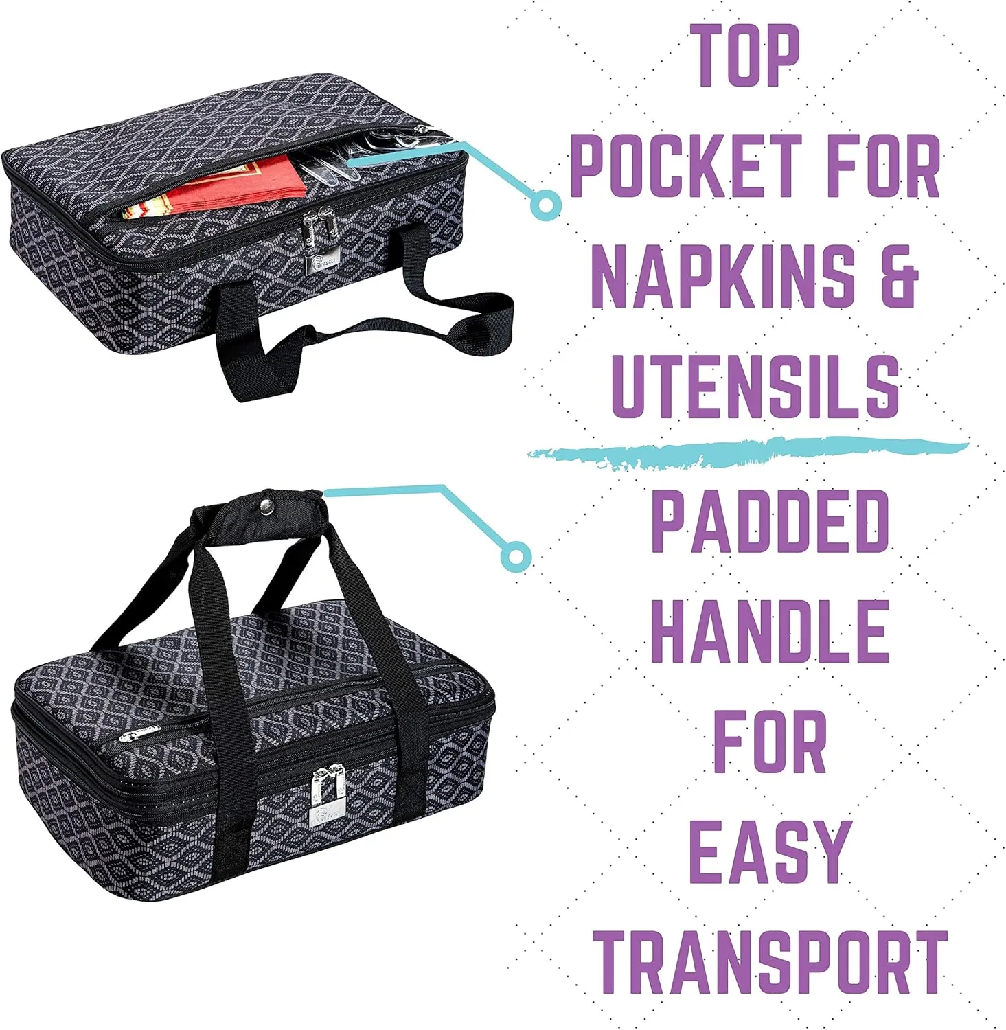 Casserole Carrier - Single Layer Insulated Bags for Food Transport of Lasagna, Salad & Dessert for Potluck, Family and Holiday Parties (Black Trellis)