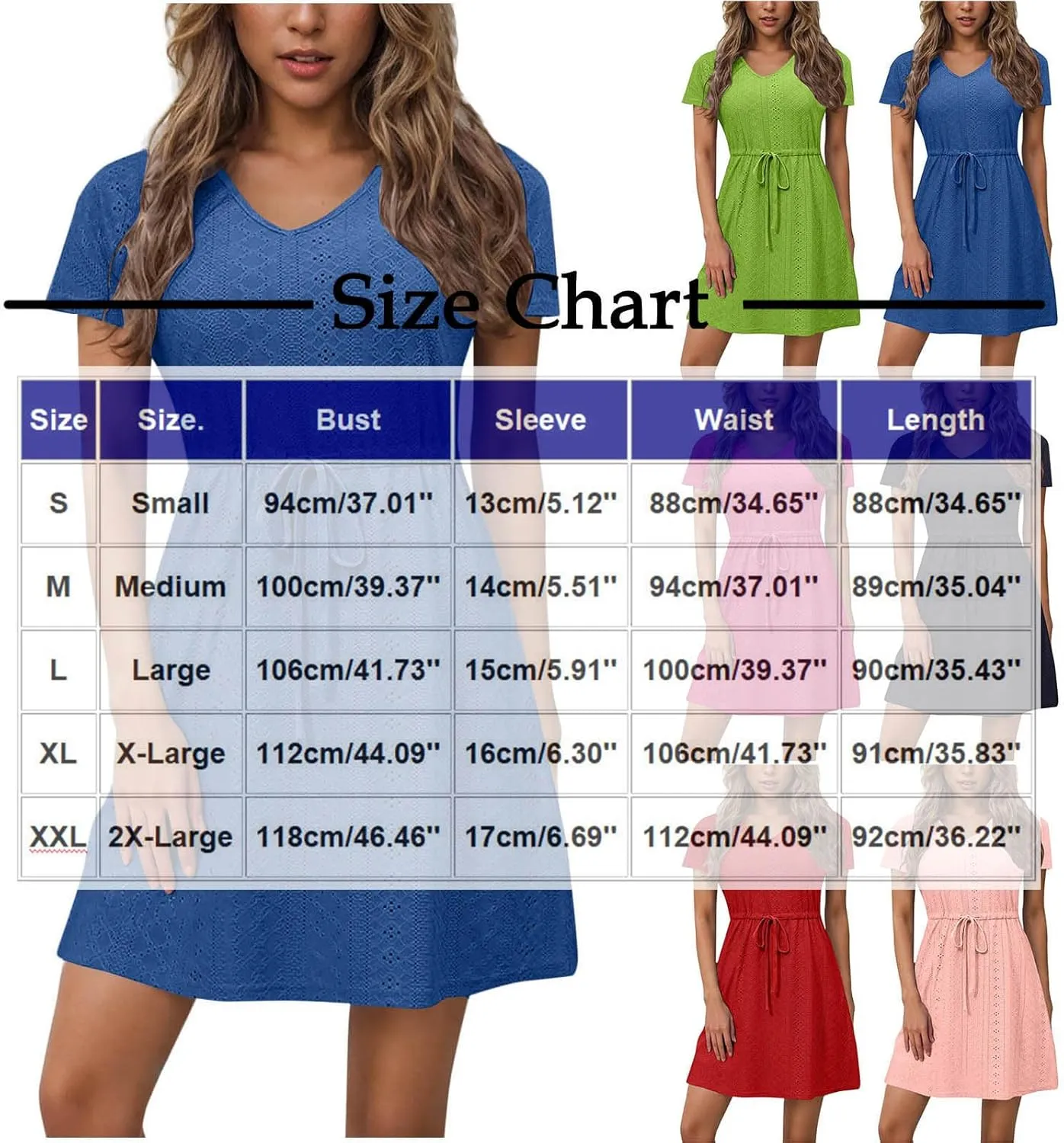 Casual V Neck Drawstring Waist Dress for Women Short Sleeve Hide Tummy Summer A Line Loose Pockets Soft Cotton Daily