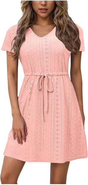 Casual V Neck Drawstring Waist Dress for Women Short Sleeve Hide Tummy Summer A Line Loose Pockets Soft Cotton Daily