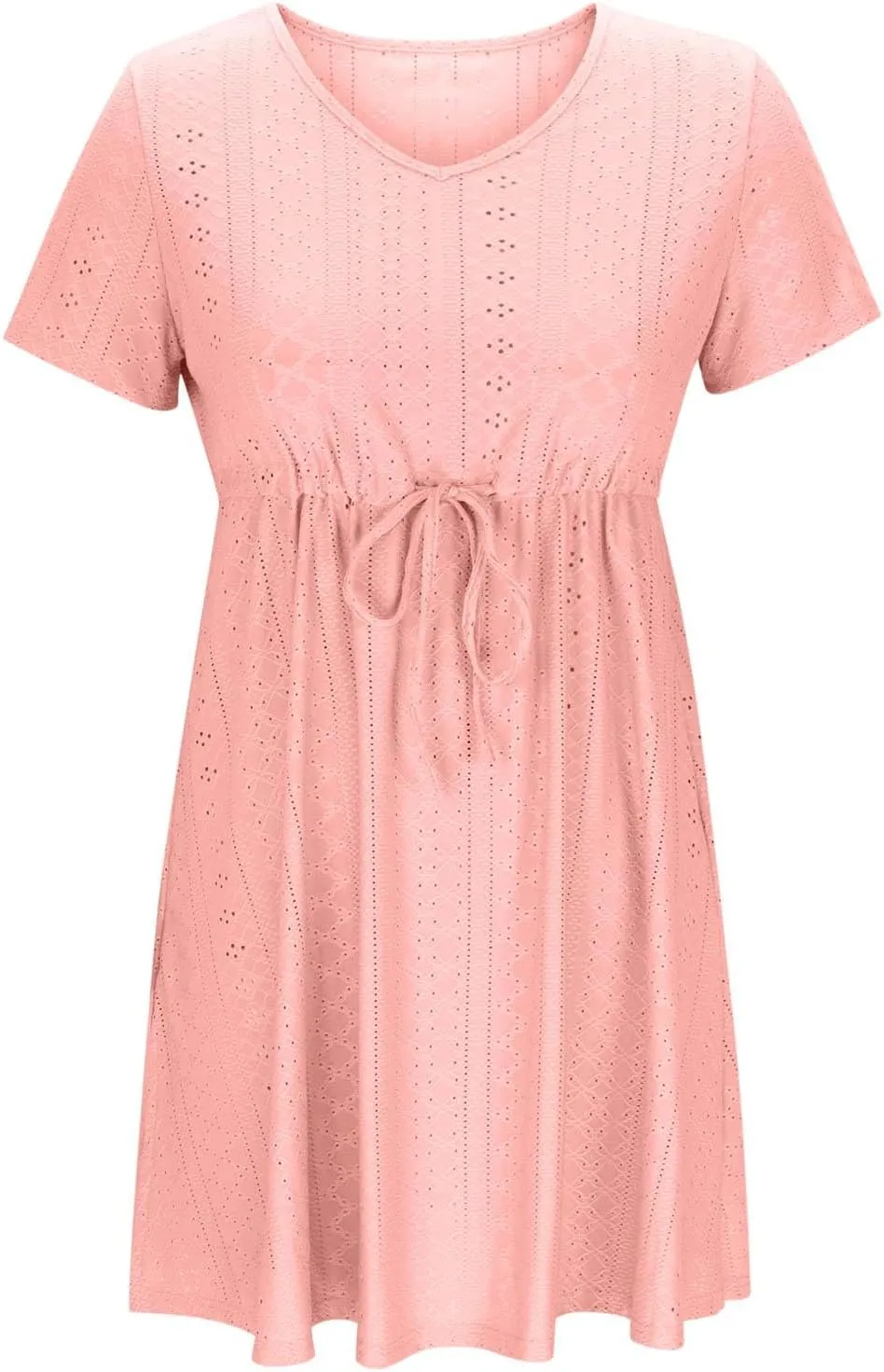 Casual V Neck Drawstring Waist Dress for Women Short Sleeve Hide Tummy Summer A Line Loose Pockets Soft Cotton Daily