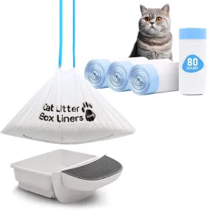 Cat Litter Bags with Drawstring, 80 Count, 26.4"x15.8" Cat Litter Box Liners for Litter Robot 4/3 & Automatic Cat Litter Boxes, 9-11 Gallon waste bags, Heavy Duty Cat Poop Bags with Drawstring