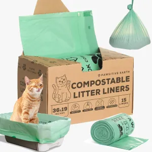 Cat Litter Box Liners 100% Compostable - Drawstring Close - 15 Count - Jumbo Size 36" x 19" - Tear & Leak Resistant - OK Compost Home Certified
