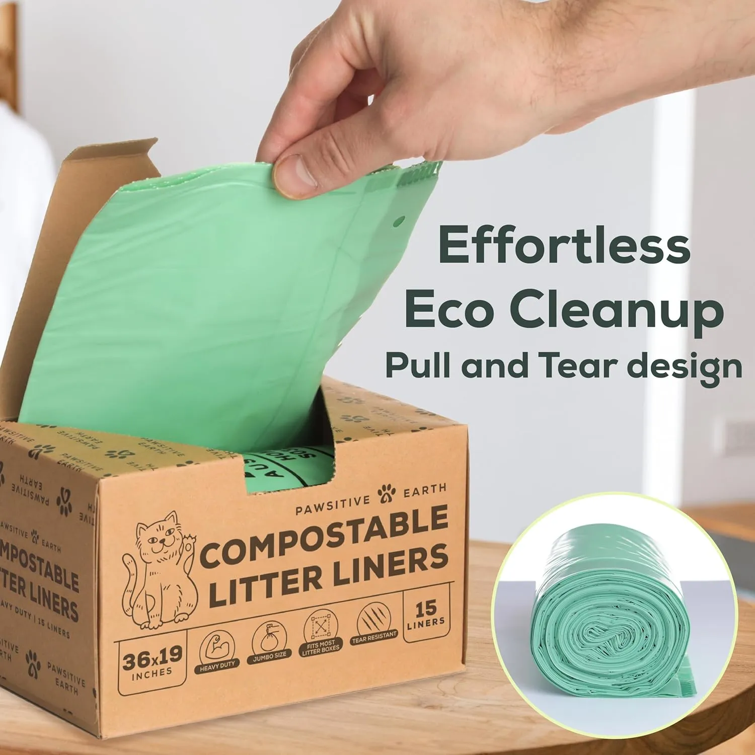 Cat Litter Box Liners 100% Compostable - Drawstring Close - 15 Count - Jumbo Size 36" x 19" - Tear & Leak Resistant - OK Compost Home Certified