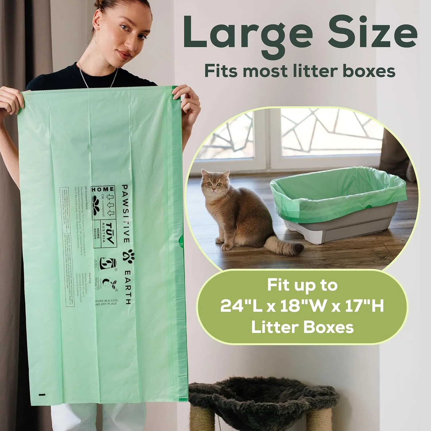 Cat Litter Box Liners 100% Compostable - Drawstring Close - 15 Count - Jumbo Size 36" x 19" - Tear & Leak Resistant - OK Compost Home Certified