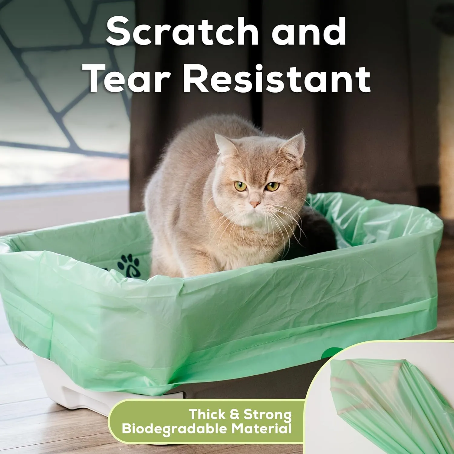 Cat Litter Box Liners 100% Compostable - Drawstring Close - 15 Count - Jumbo Size 36" x 19" - Tear & Leak Resistant - OK Compost Home Certified
