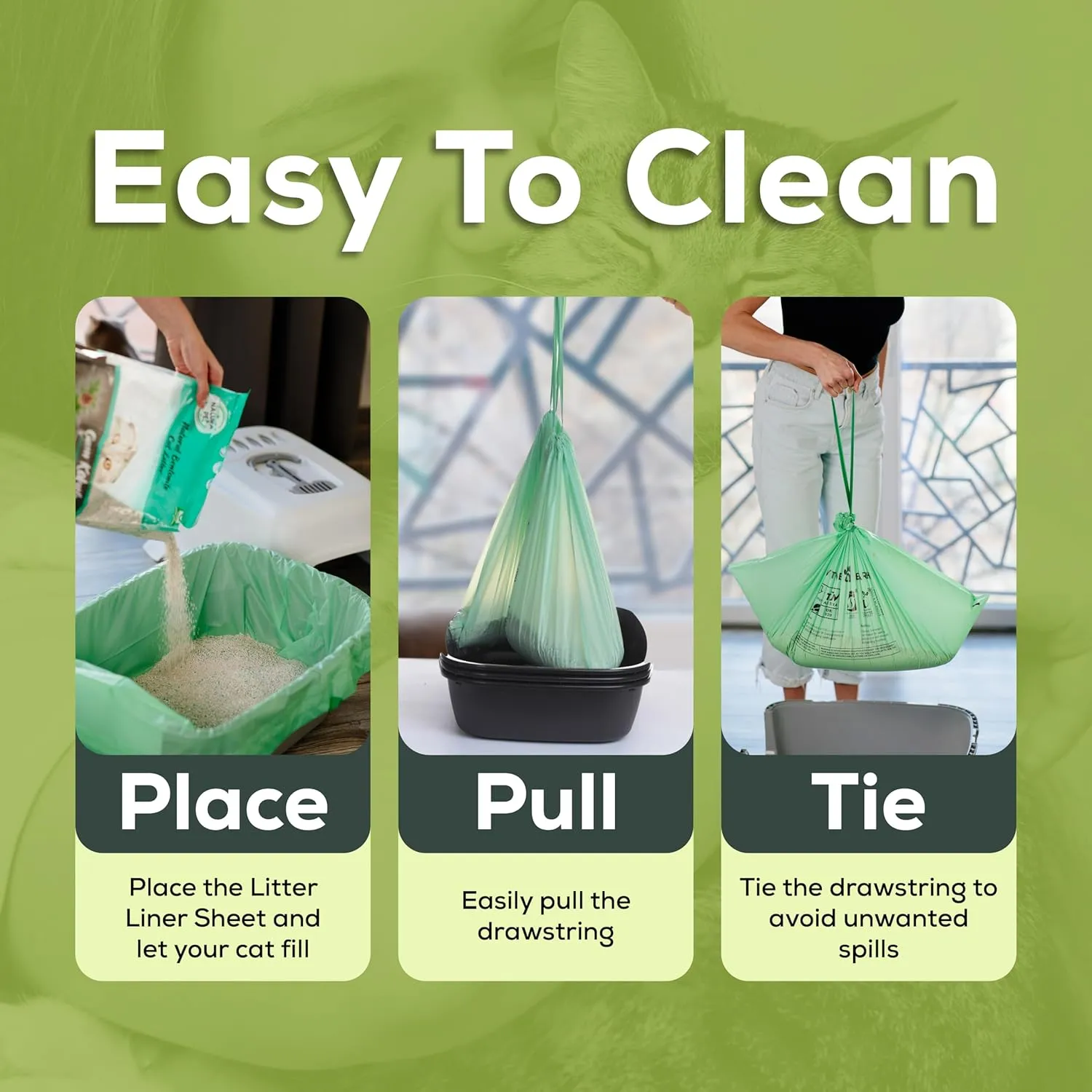 Cat Litter Box Liners 100% Compostable - Drawstring Close - 15 Count - Jumbo Size 36" x 19" - Tear & Leak Resistant - OK Compost Home Certified